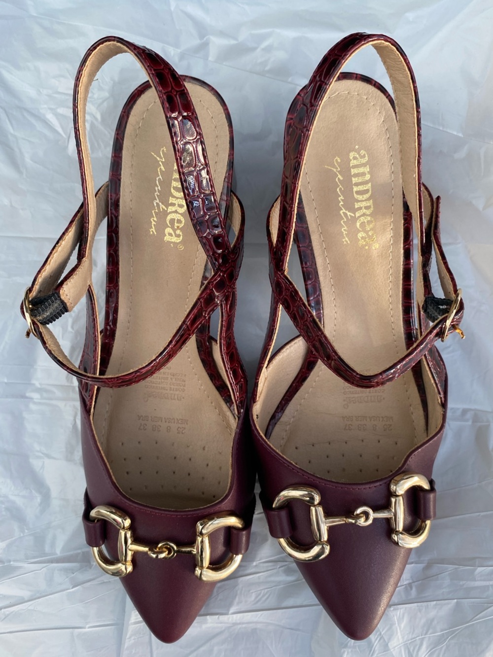 ANDREA FENZI Burgundy Pointed Toe Slingback Mules with Gold Hardware Size 8